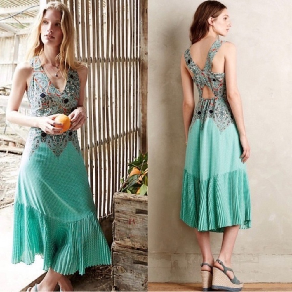 Anthropologie Canyon Creek Dress pleated mint green paisley size 6.